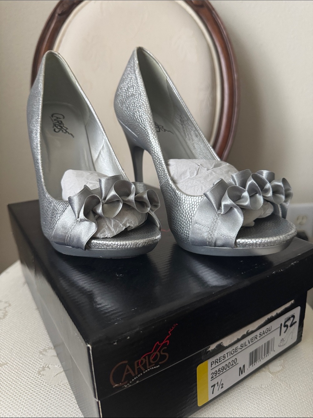 Carlos Santana Silver Peep-Toe Heels with Ruffle Accent